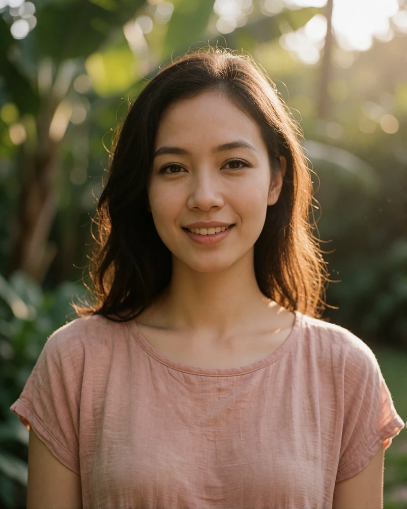 Malaysian member in a dusty-rose top smiling warmly in a lush garden in Johor