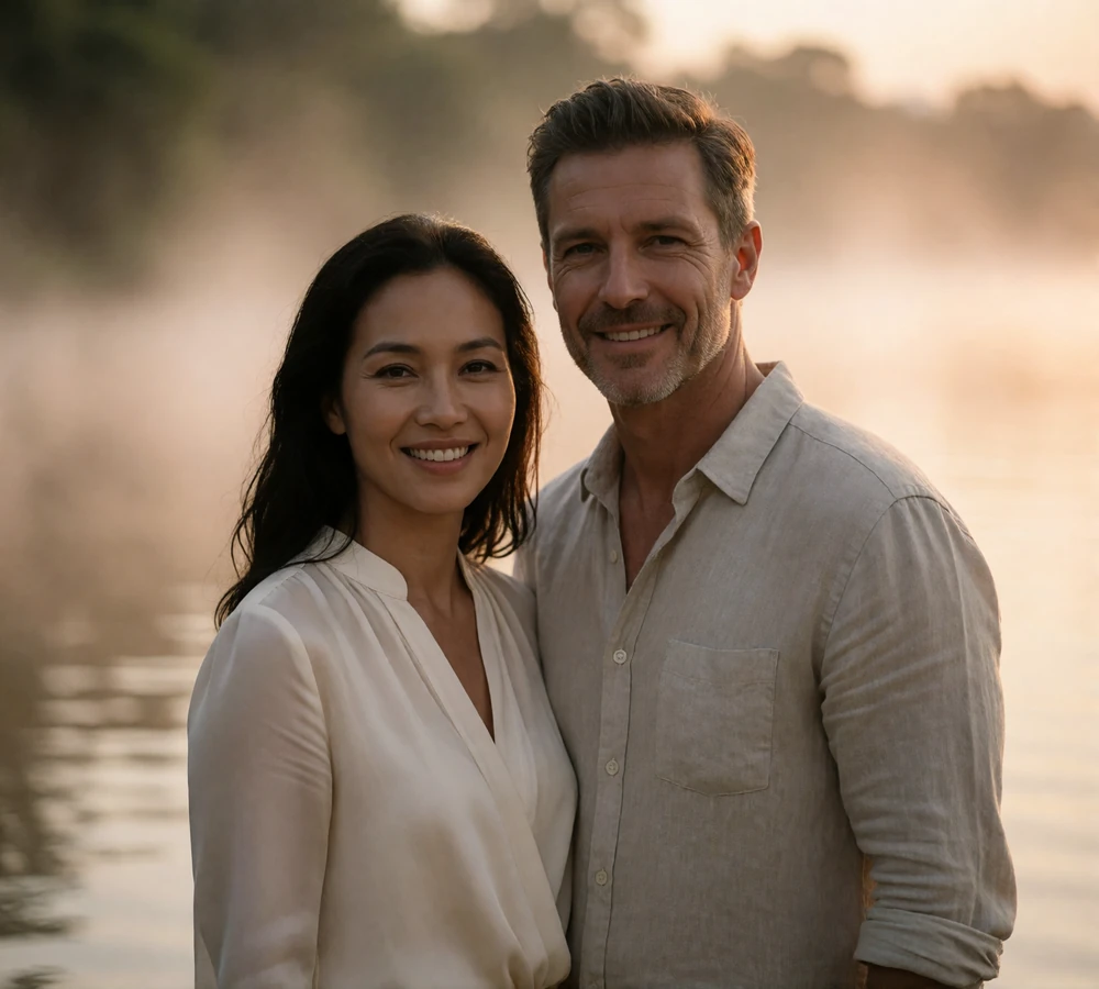 Lao woman and Western man smiling together on a misty riverside walkway at sunrise