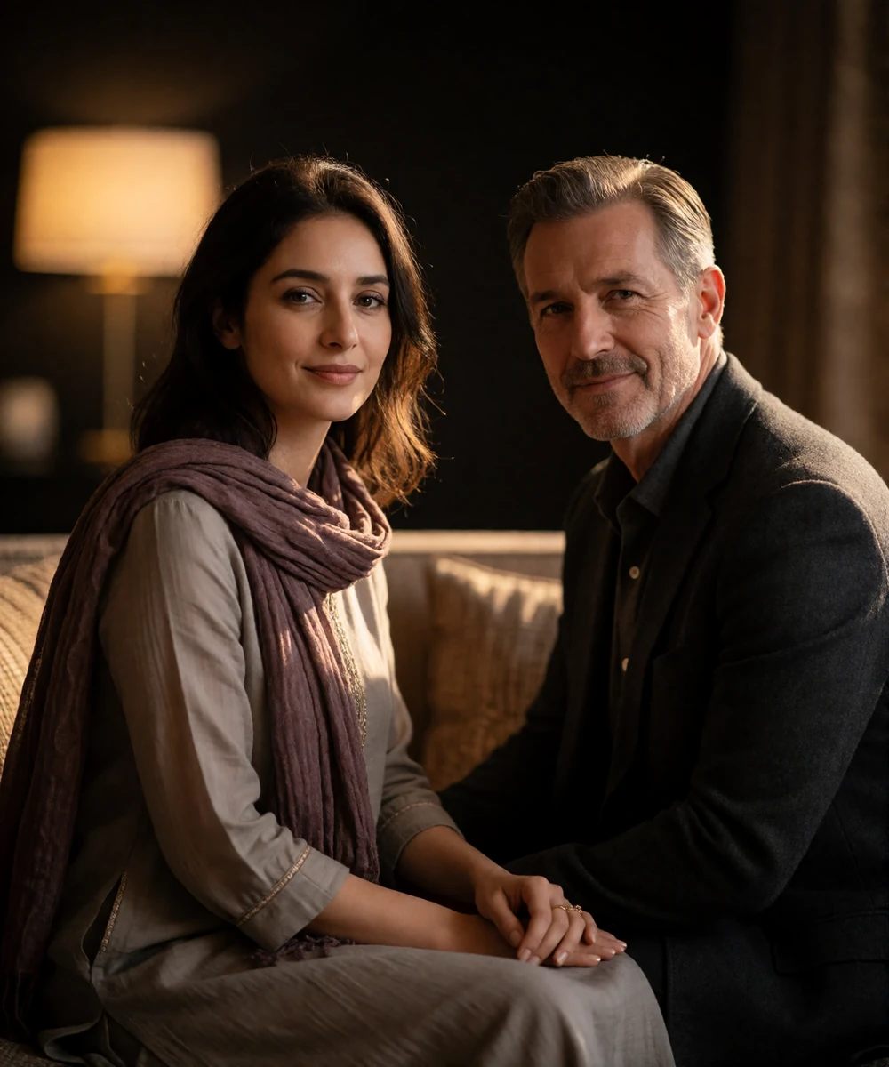 Couple sitting together in a dim hotel lounge in the evening, an Afghan woman in a plum scarf and a Western man