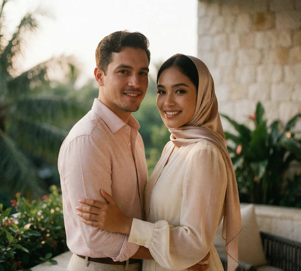 Couple standing close together on a shaded hotel terrace with tropical greenery in the background