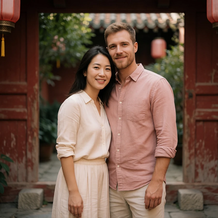 Couple standing together in a traditional Chinese courtyard doorway framed by weathered red-brown timber
