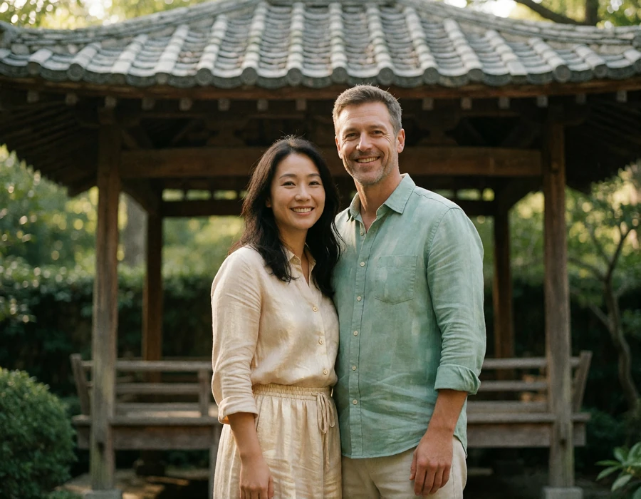 Smiling couple standing together in front of a traditional wooden garden pavilion in warm afternoon light