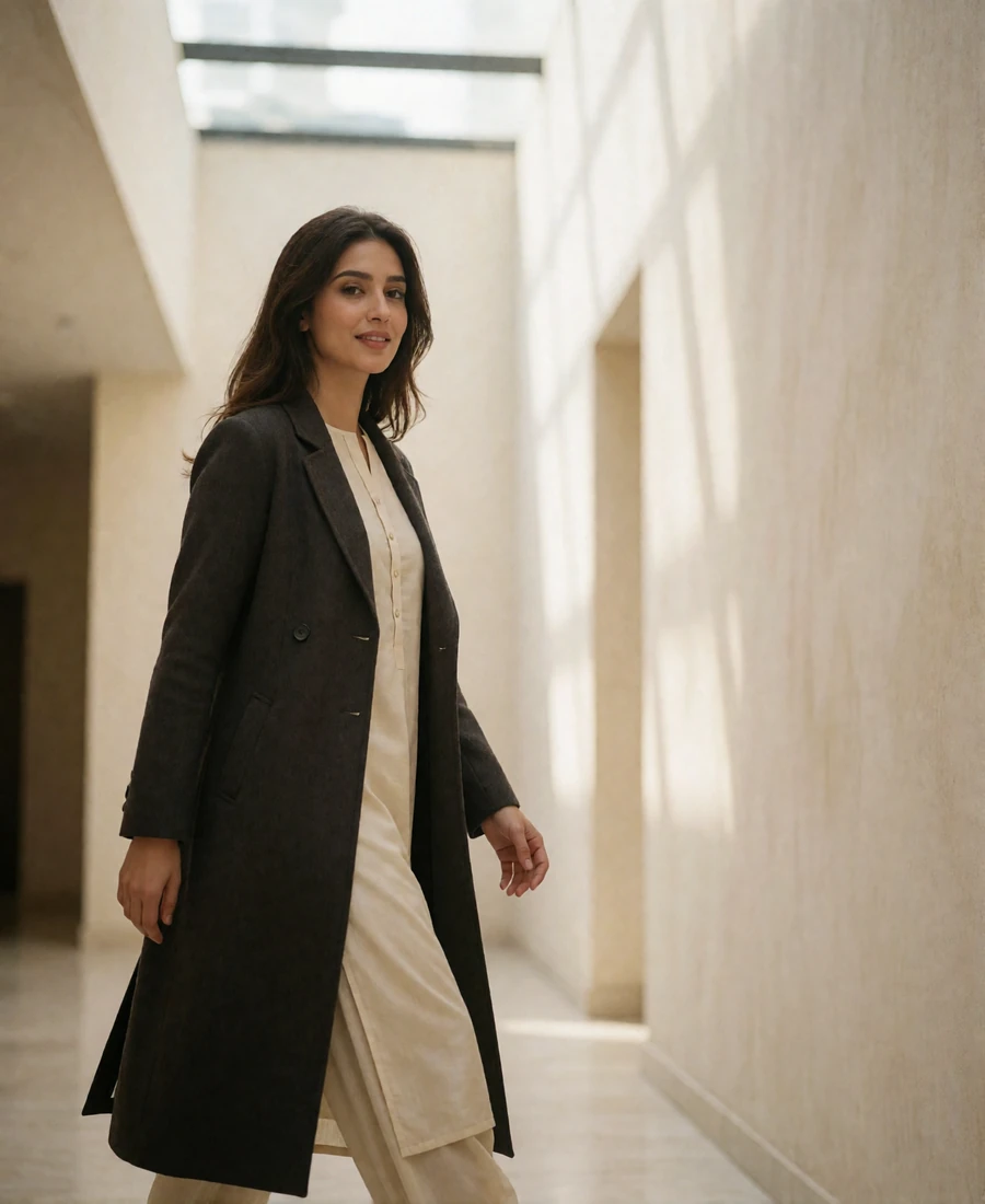 Pakistani member in a long charcoal coat walking through a bright minimal atrium