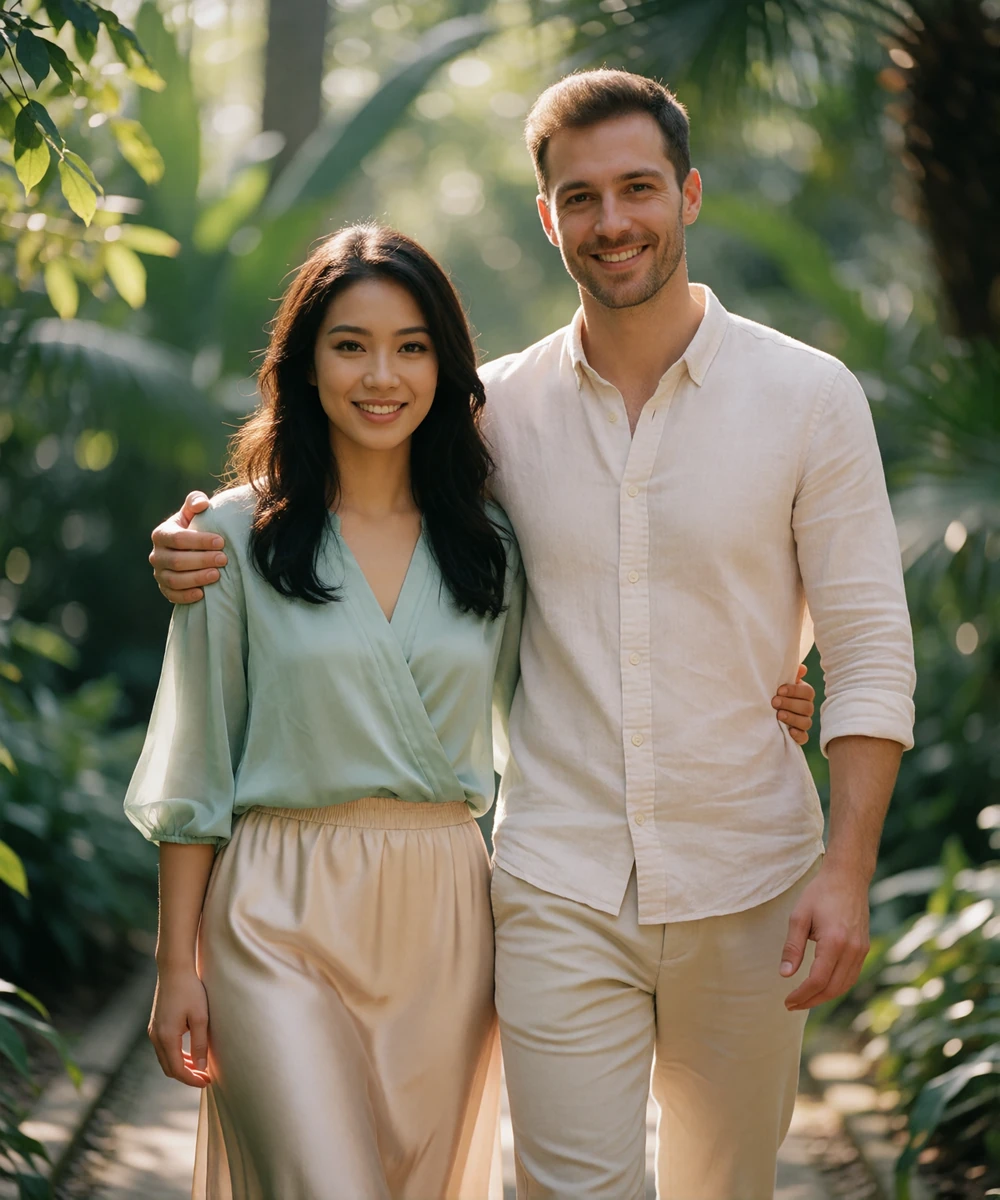 Couple walking arm in arm through a botanical garden and smiling toward the camera