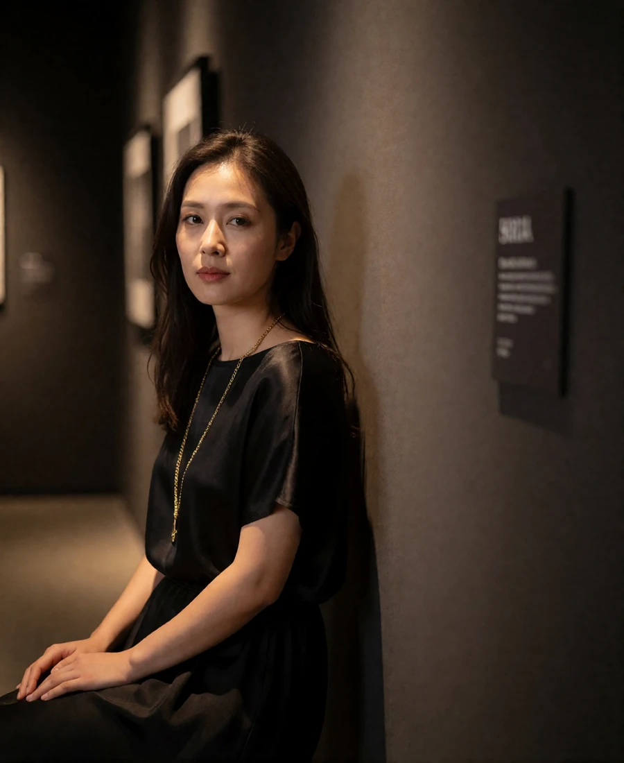 Taiwanese member in a black silk dress standing in a dim contemporary art gallery corridor