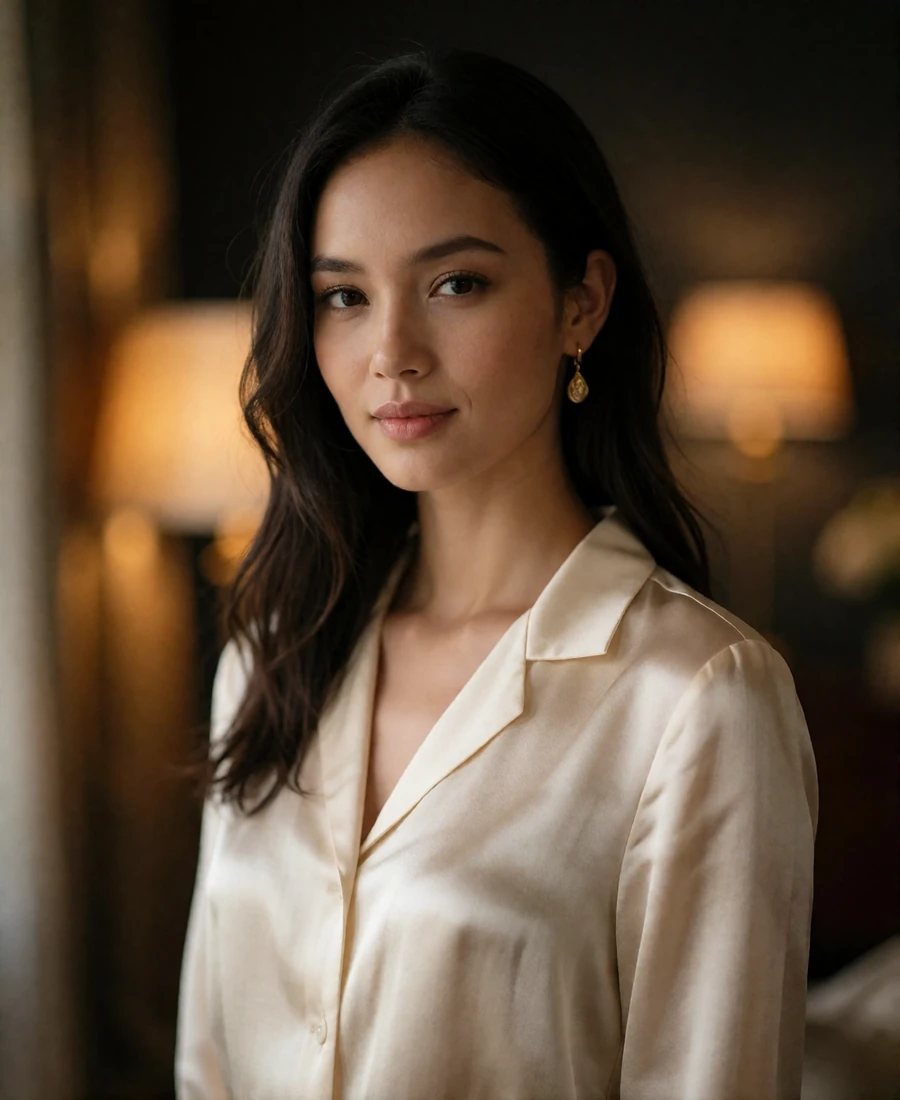 Cambodian member in an ivory silk blouse smiling gently in a softly lit interior
