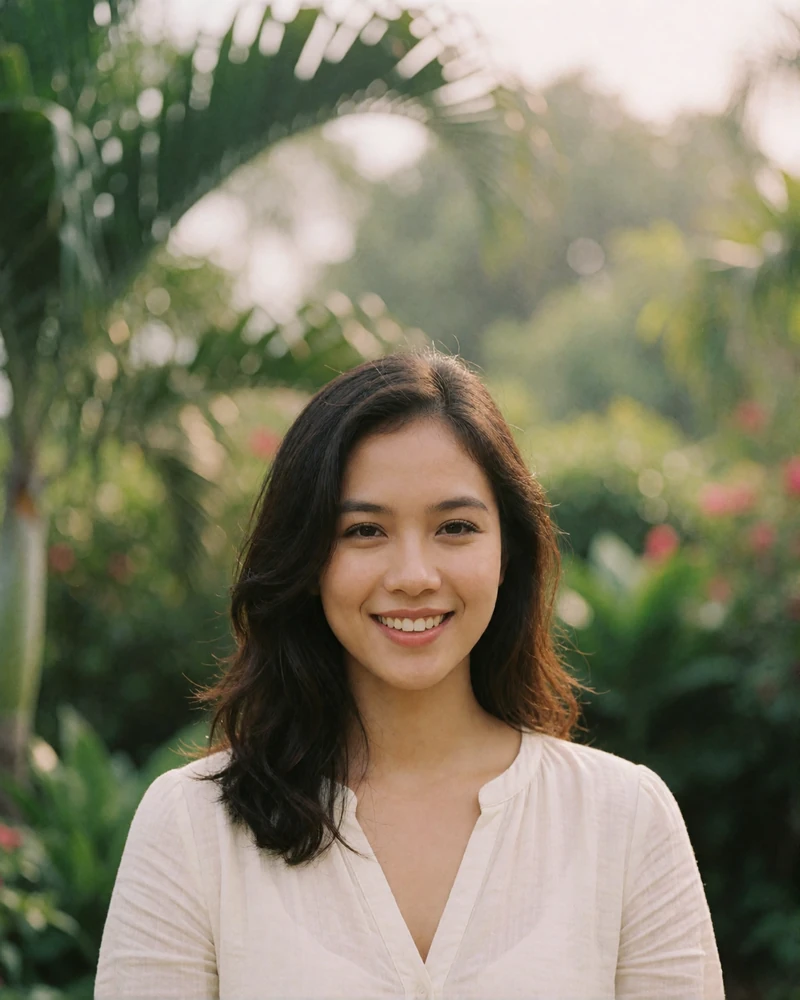Filipino member with soft wavy dark hair smiling in a leafy garden with sunlight filtering through the leaves
