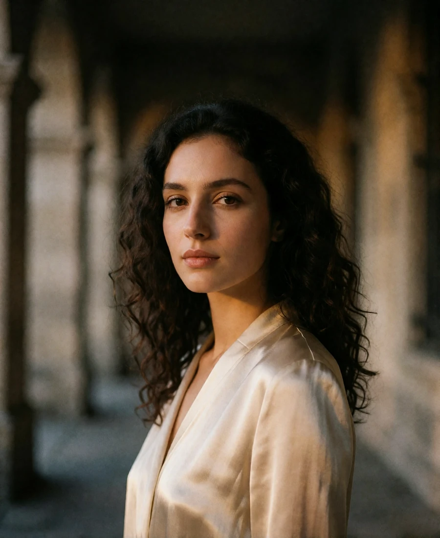 Armenian member with dark curly hair in a cream blouse standing in a warm stone arcade at dusk