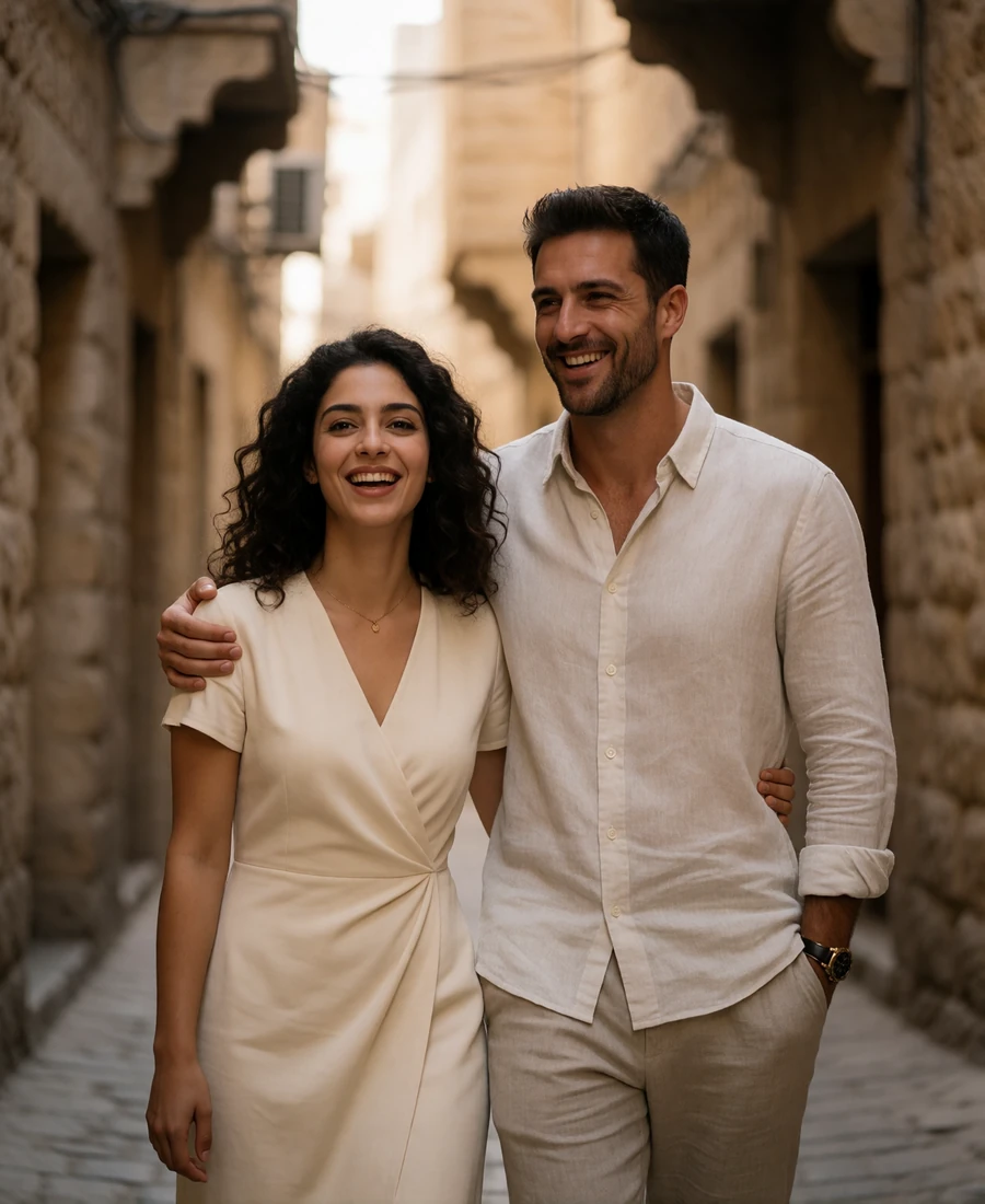Couple walking arm in arm and laughing down a quiet old-city stone lane