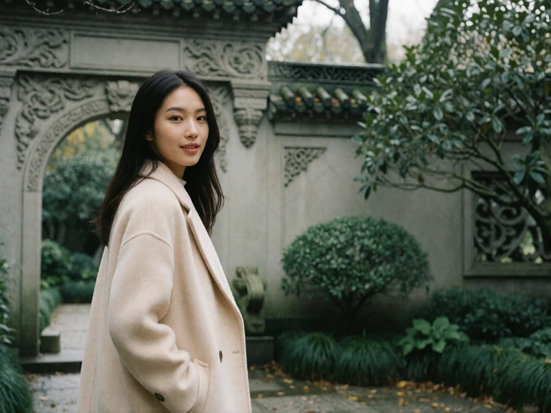 Chinese woman in a cream coat walking through a classical garden courtyard