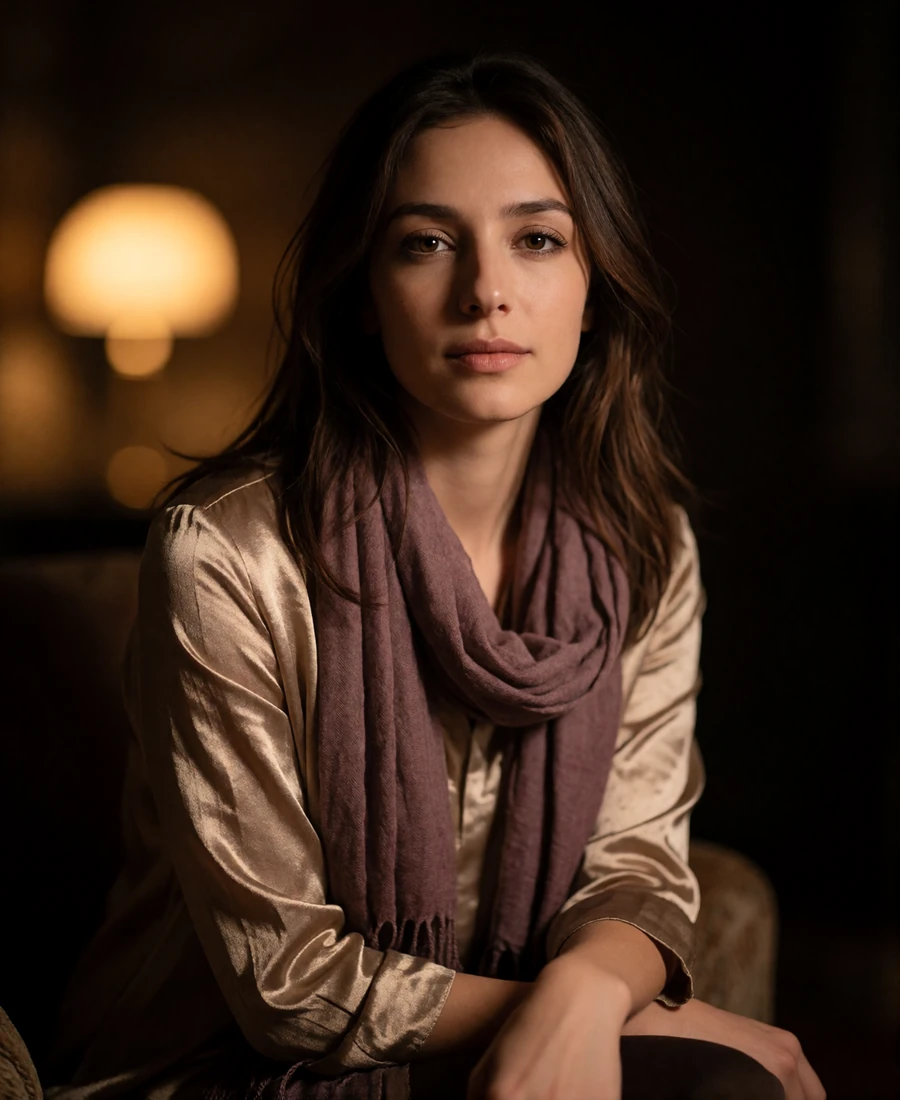 Afghan member in a muted plum scarf seated in a warmly lit room in Herat