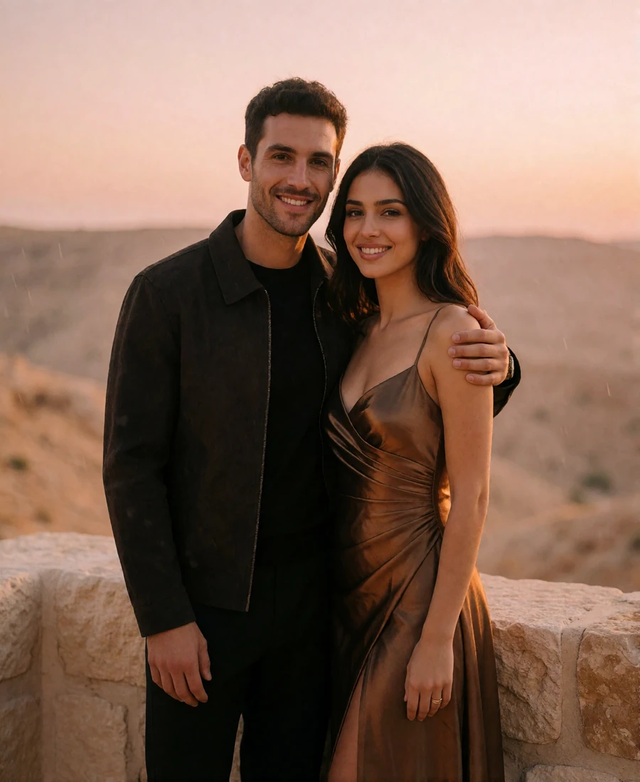 Couple standing close together on a stone terrace at sunset with hazy hills in the background
