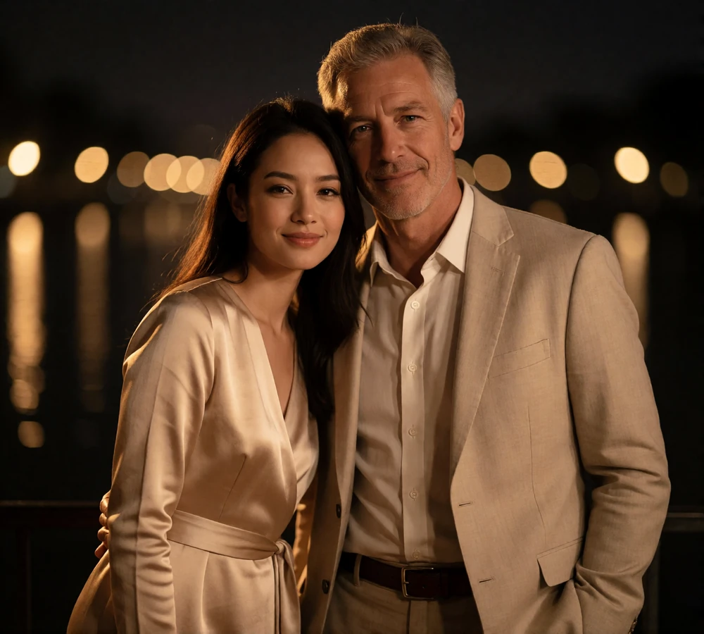 Couple standing together on a riverside promenade after dark with warm distant lights
