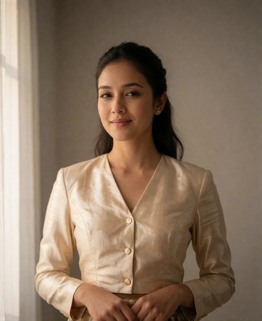 Nepali member in a cream blouse photographed against a warm grey studio backdrop