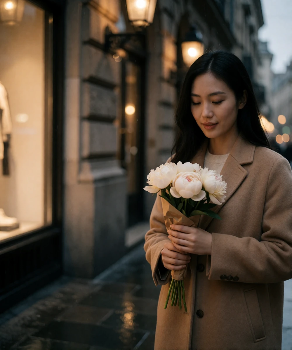 Poised Asian woman in a wool coat holding a small bouquet of pale peonies on an upscale evening city street