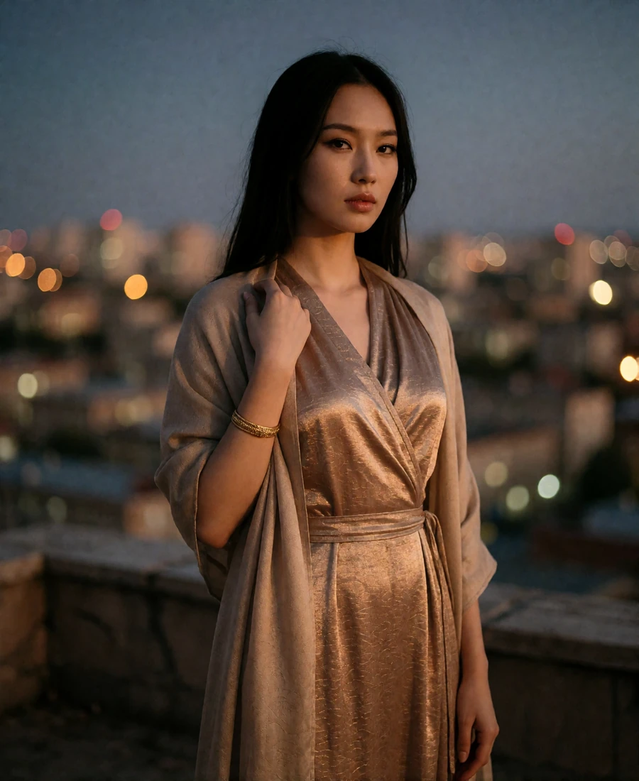 Mongolian member in a bronze wrap dress standing on an open terrace at dusk