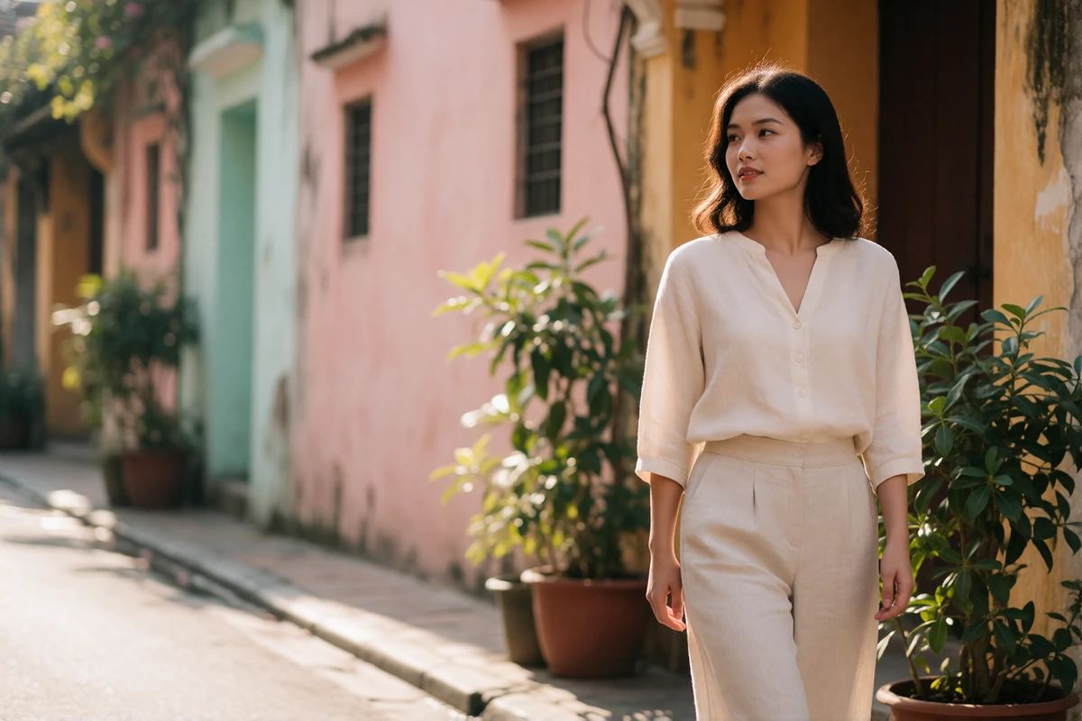 Vietnamese woman in a cream blouse walking along a narrow old-quarter street lined with pastel facades and potted plants
