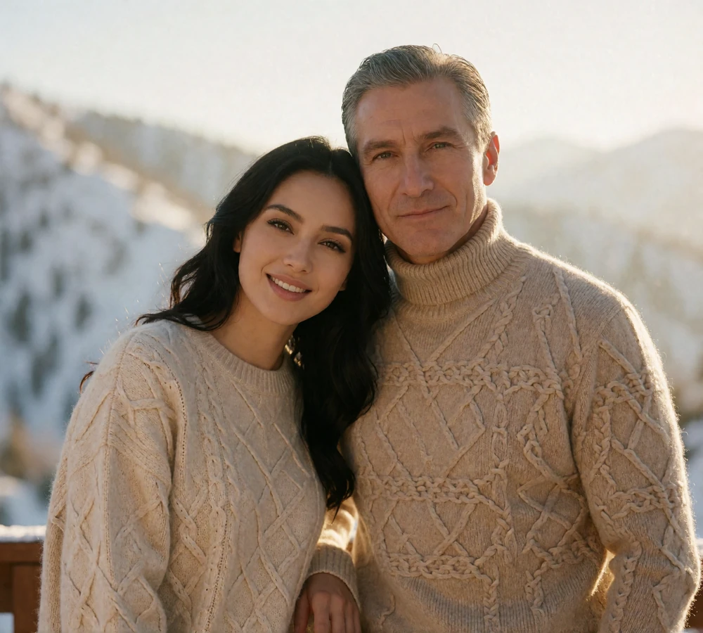 Kazakh woman leaning against her partner on a sunlit mountain lodge terrace