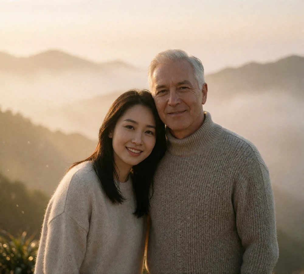 Couple standing close together at a misty mountain viewpoint at sunrise, both smiling toward the camera
