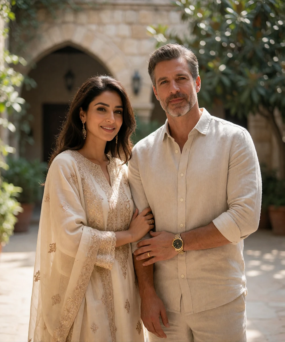 Couple standing together in a sunlit stone courtyard, her hand resting on his forearm