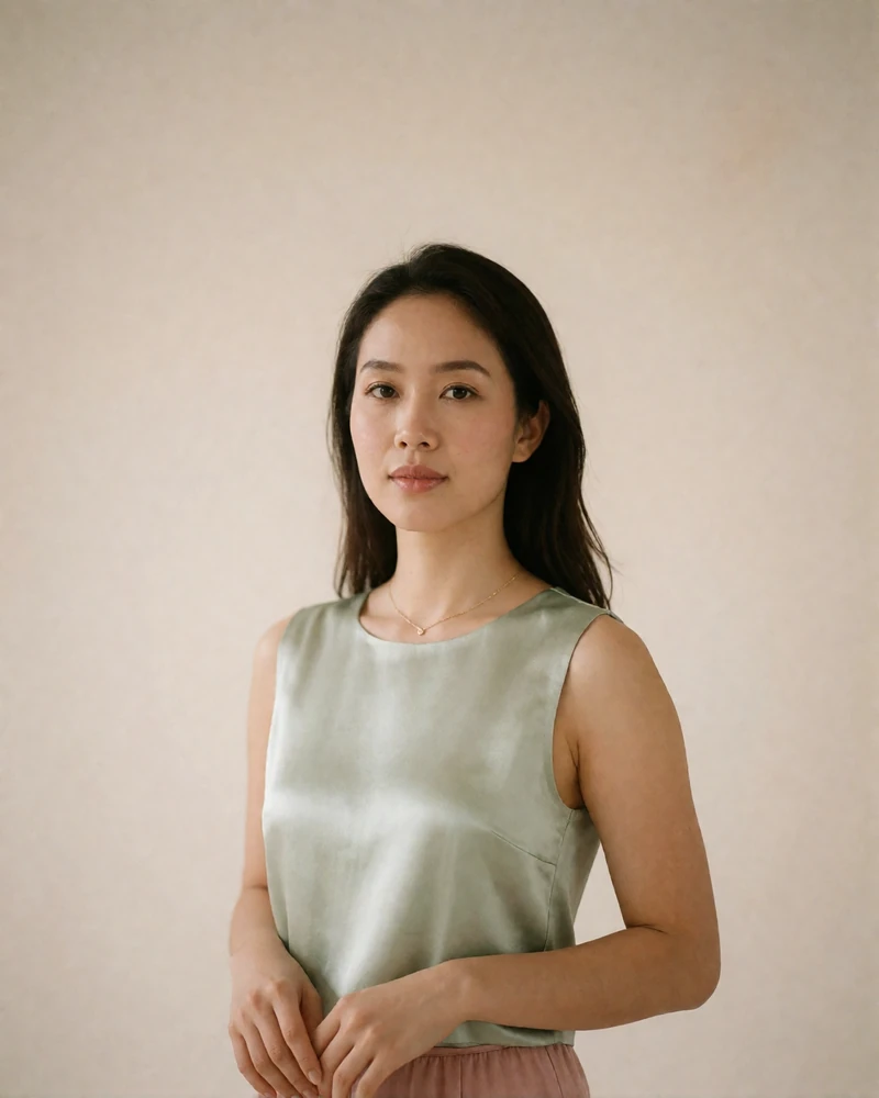 Vietnamese member in a pale jade silk top photographed against a warm cream studio backdrop