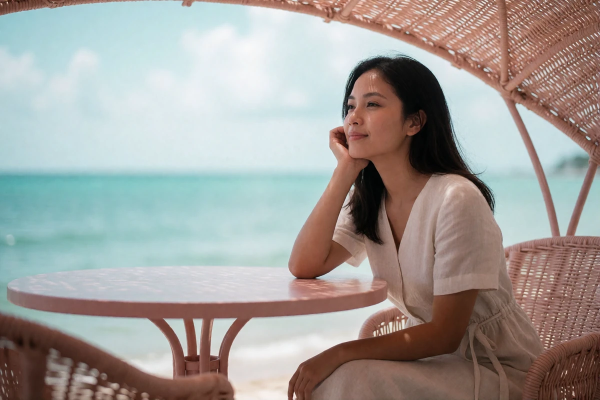 Filipino woman in a pale linen dress seated at a seaside café table under a woven canopy, gazing toward the water
