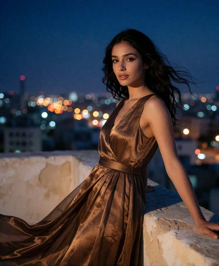 Jordanian woman in a flowing bronze dress leaning against a rooftop parapet at dusk