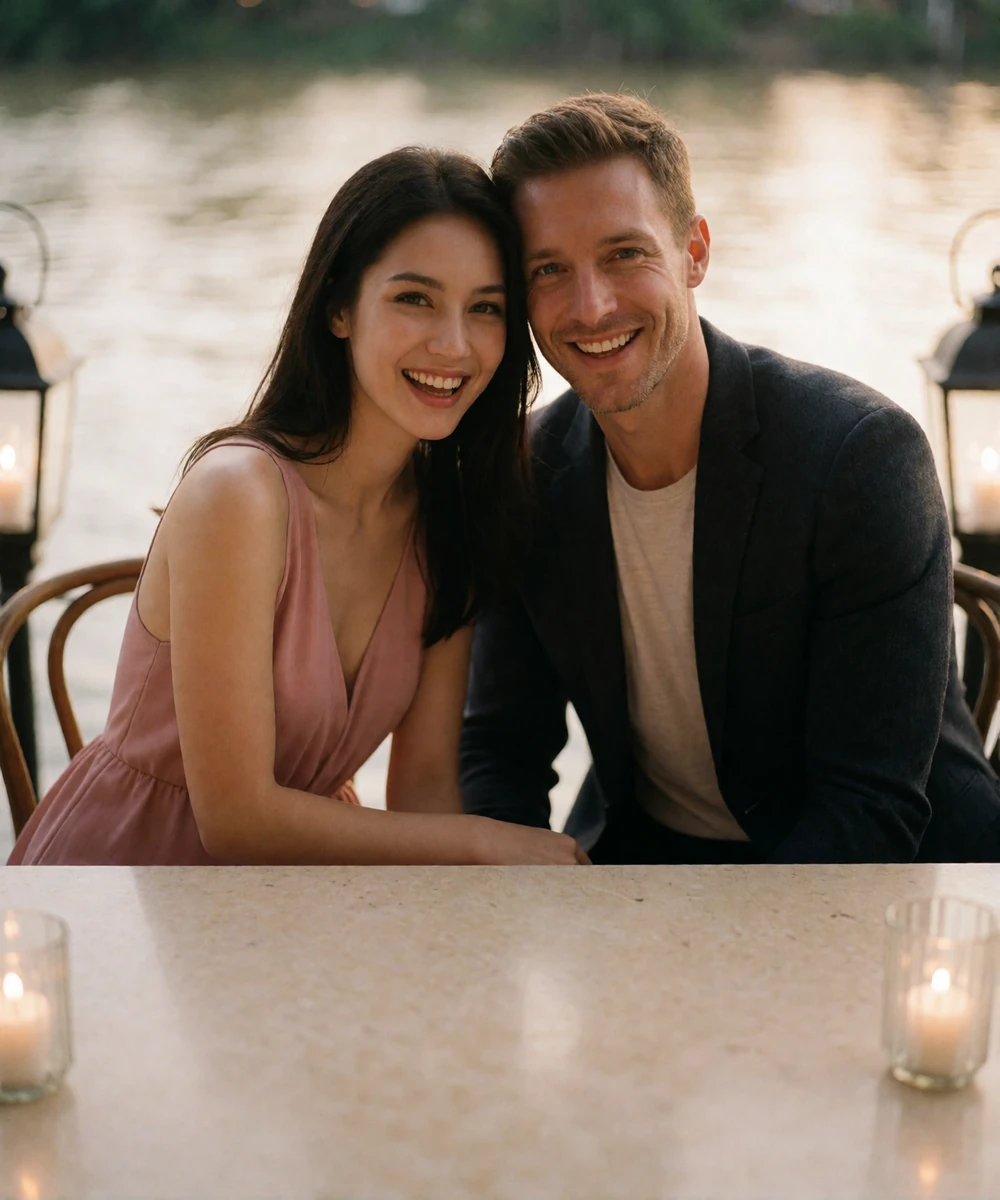 Couple laughing together at a riverside dining terrace in the evening