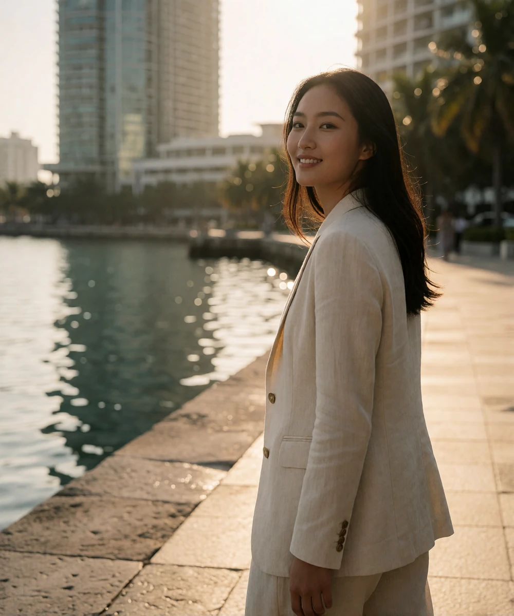 Graceful Asian woman in a cream linen blazer walking along a sunlit waterfront promenade, glancing back with an easy smile