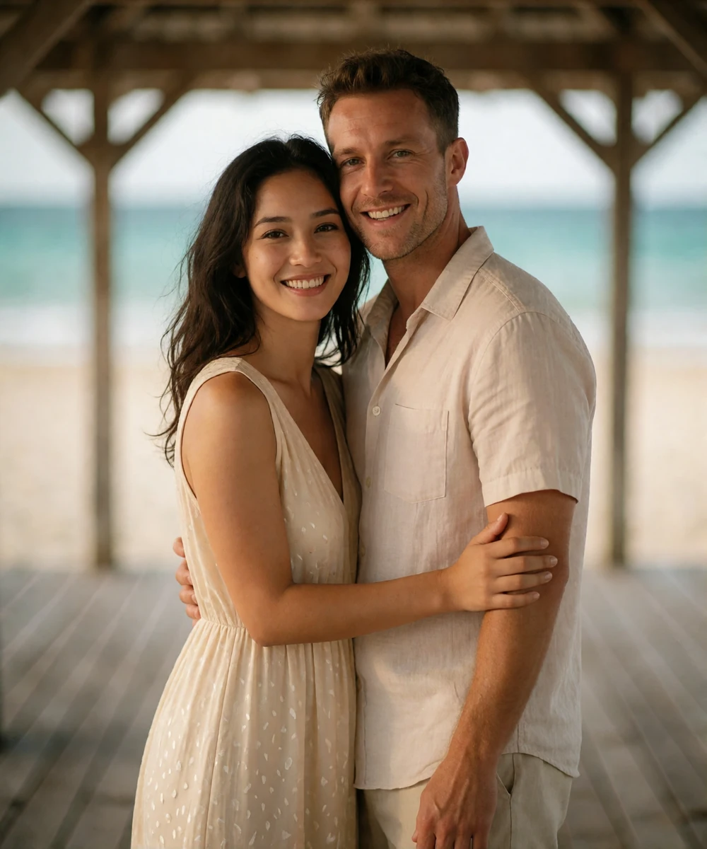 Couple standing together in an open beachside pavilion in Indonesia, smiling toward the camera