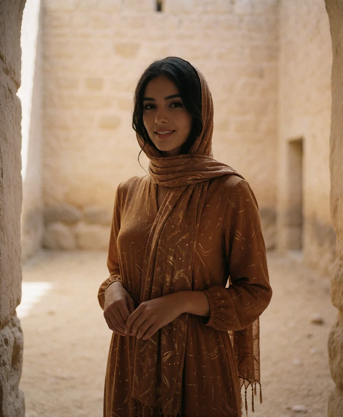 Yemeni woman in a saffron dress smiling in a shaded stone courtyard