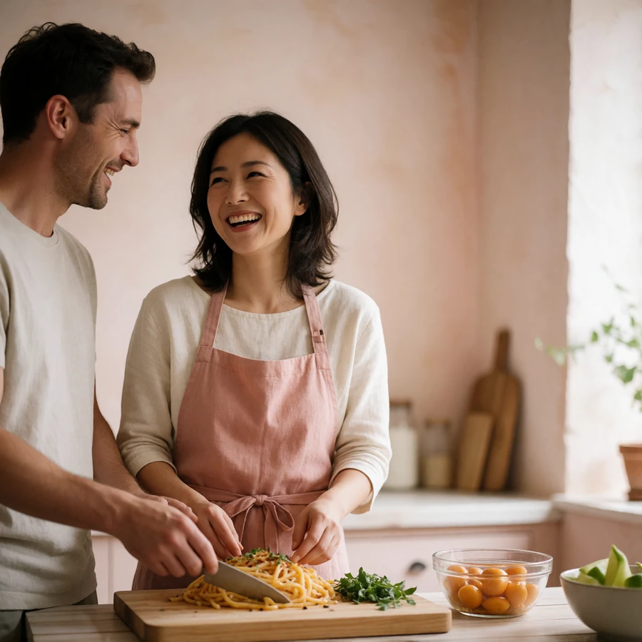 Couple laughing together while preparing food at a pale wooden kitchen counter in a bright home