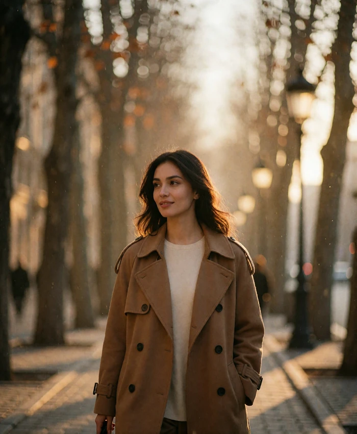 Tajik woman in a camel trench coat walking along a tree-lined boulevard at golden hour