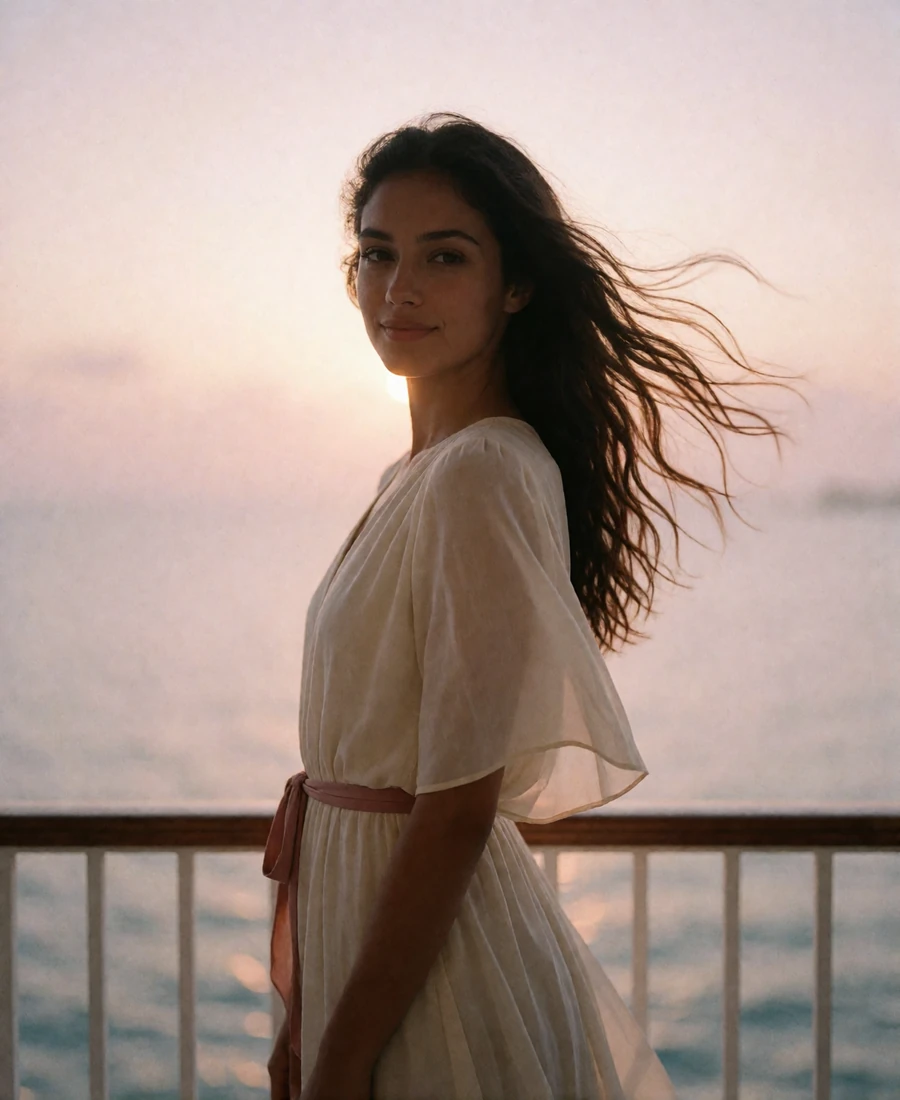 Maldivian member in an ivory dress at an open balcony rail with hair lifted by the evening breeze at dusk