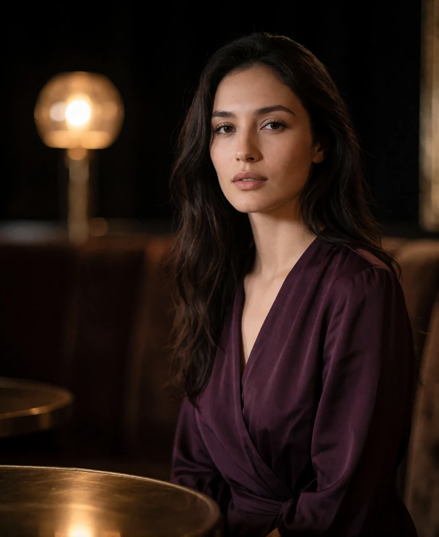 Uzbek member in a deep plum wrap dress seated in a dim upscale lounge with warm lamp light
