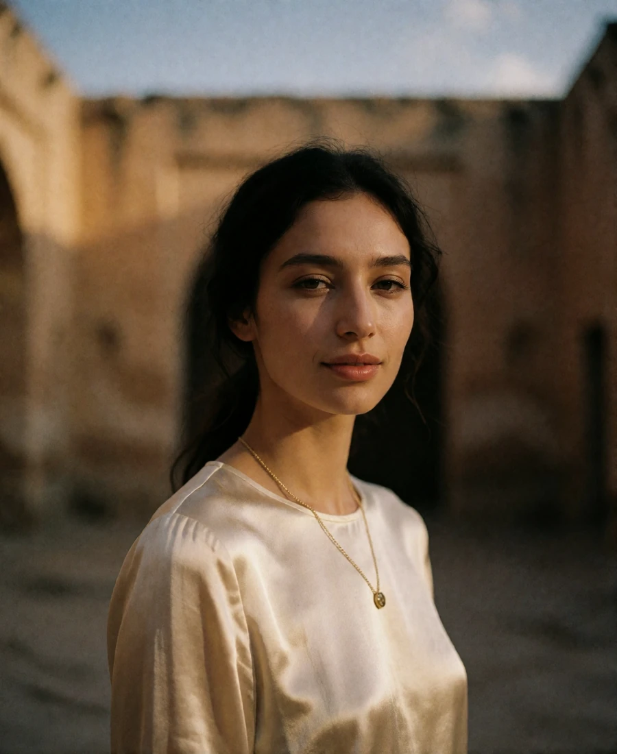 Uzbek member in a cream silk blouse standing in a softly blurred stone courtyard at dusk