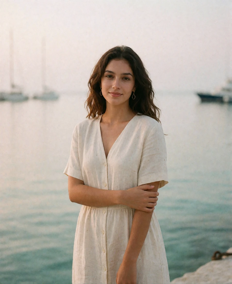 Maldivian member with loose waved hair smiling near a quiet harbour with pale water and hazy horizon behind her