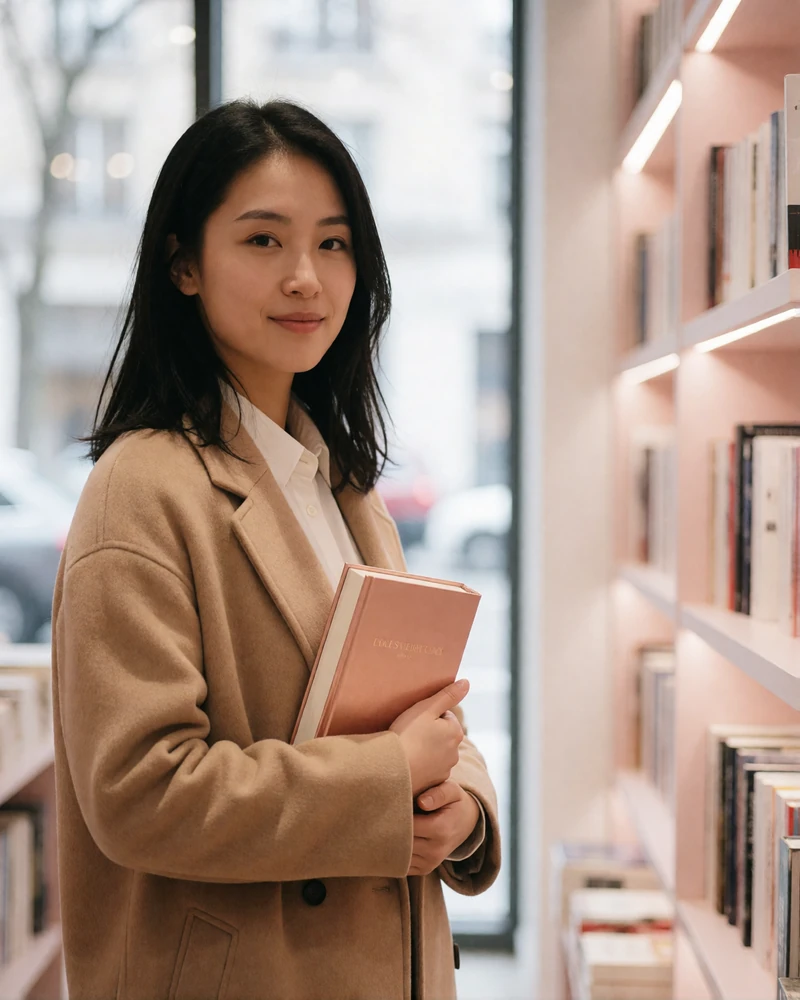 Chinese member in a camel coat holding a hardcover book in a bright modern bookstore