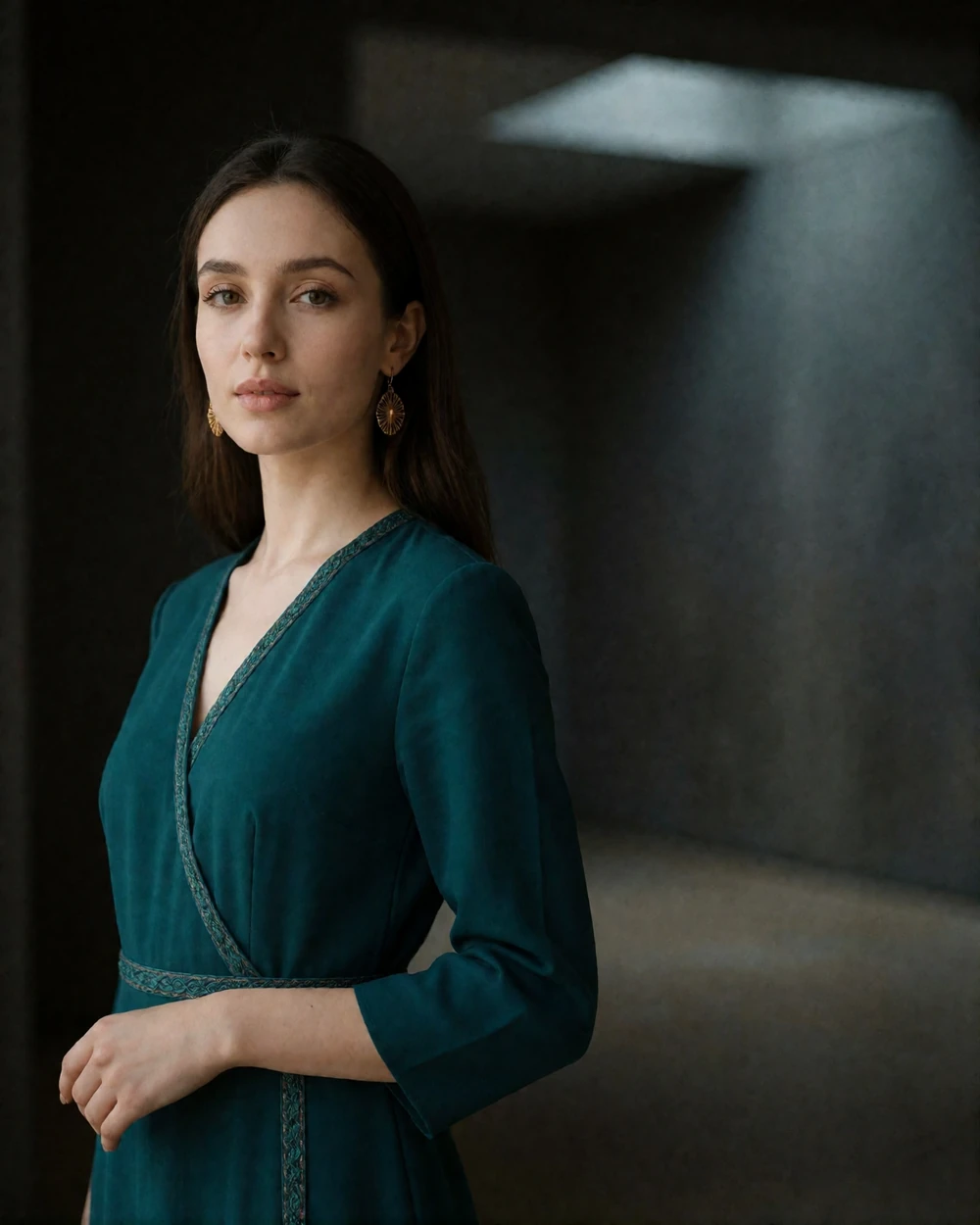 Turkmen woman in a deep teal dress with fine woven trim standing in a dim gallery hall, turned three quarters toward the camera