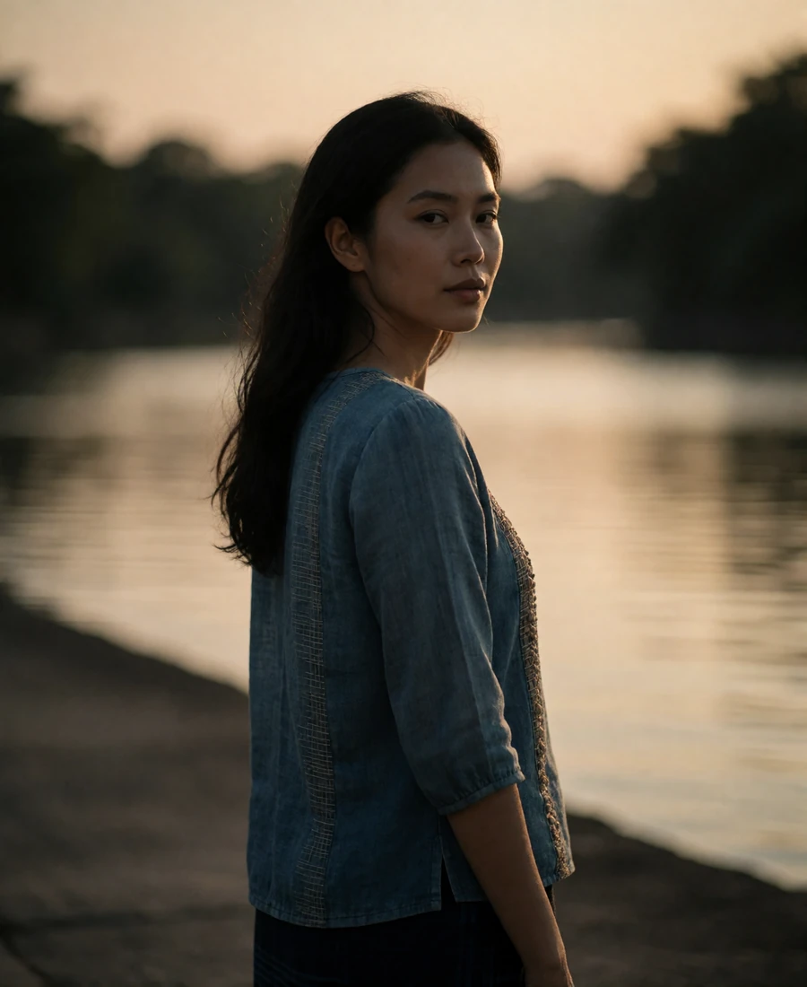 Lao woman in an indigo blouse standing on a riverside walkway at dusk with a calm expression