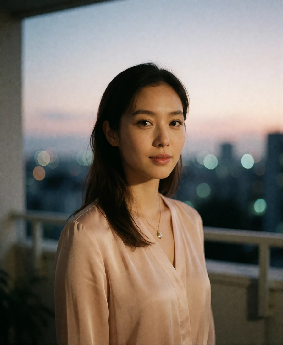 Korean woman in a blush blouse standing on an apartment terrace at dusk with a subtle natural smile