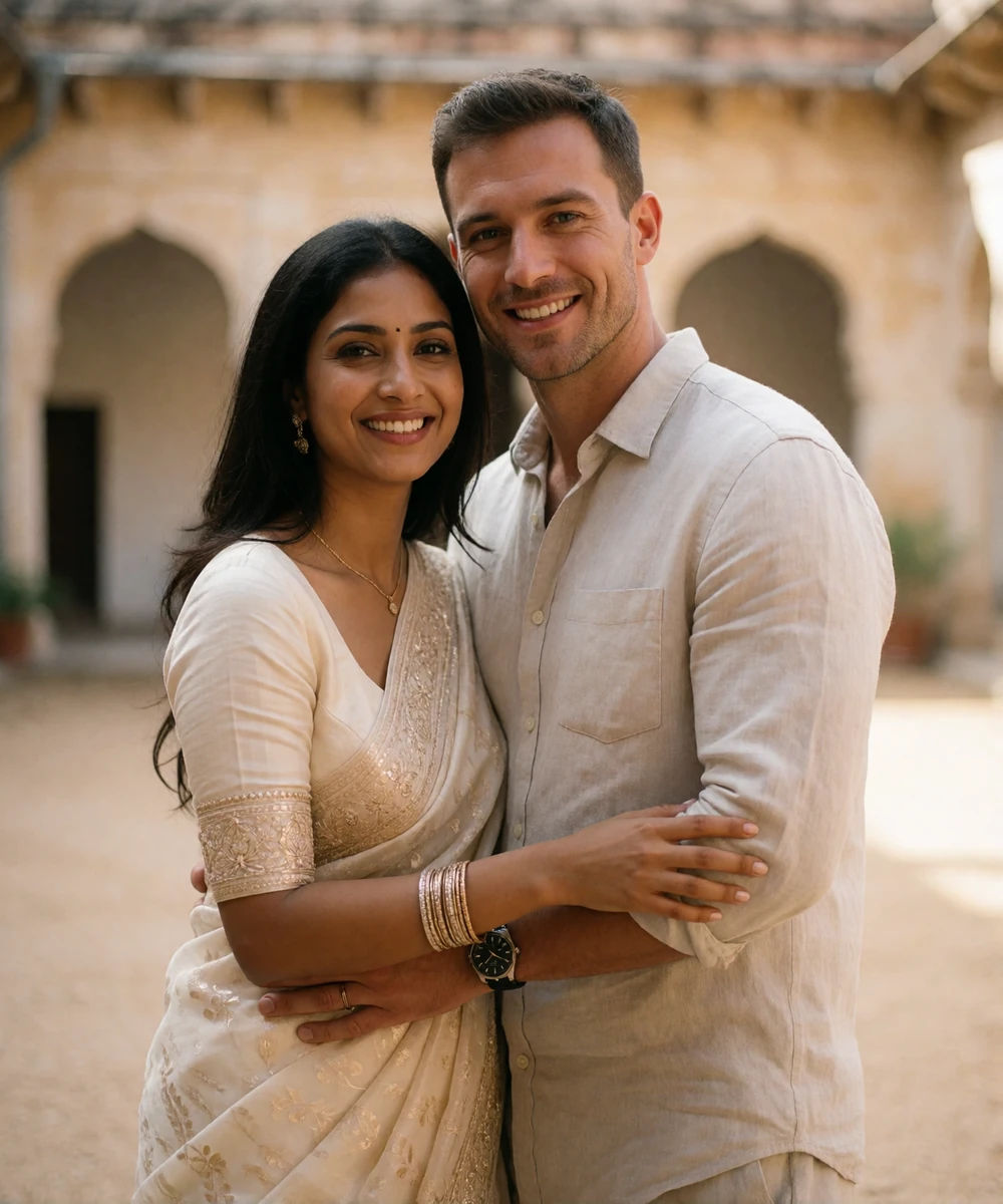 Couple standing together in a sunlit heritage sandstone courtyard, her hand resting on his forearm