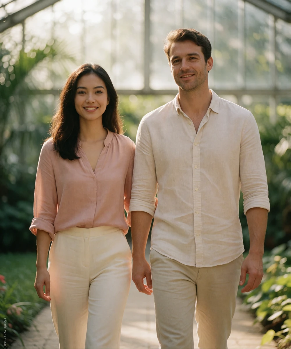 Couple walking together through a bright glass conservatory smiling toward the camera