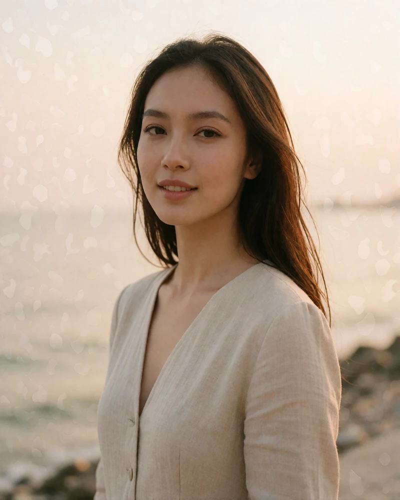 Thai member in a beige linen dress near a calm seaside promenade at golden hour