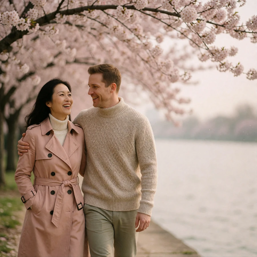 Couple walking arm in arm along a riverside promenade lined with blossoming trees