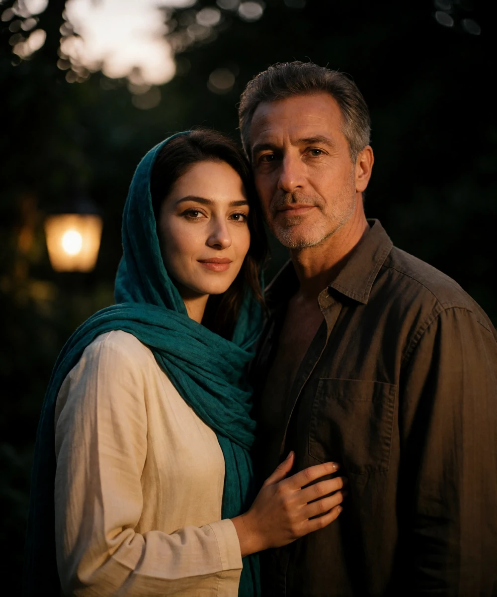 Couple standing together in a quiet garden at dusk, an Afghan woman in a teal scarf and a Western man