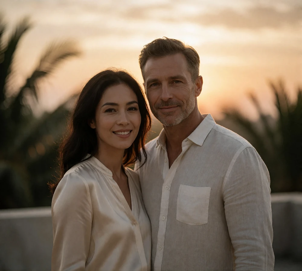 Couple standing together on an open terrace at sunset with soft palm trees in the background