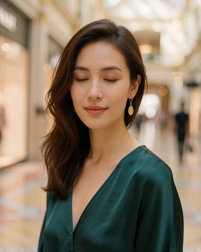 Singaporean member in a deep jade silk top standing in an upscale shopping arcade