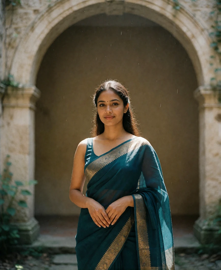 Sri Lankan member in a deep teal saree standing beneath a stone archway in a quiet courtyard