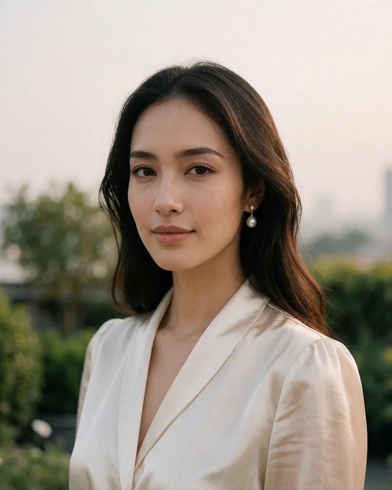 Elegant Indonesian member with long dark hair in a pearl-white blouse on a quiet rooftop garden
